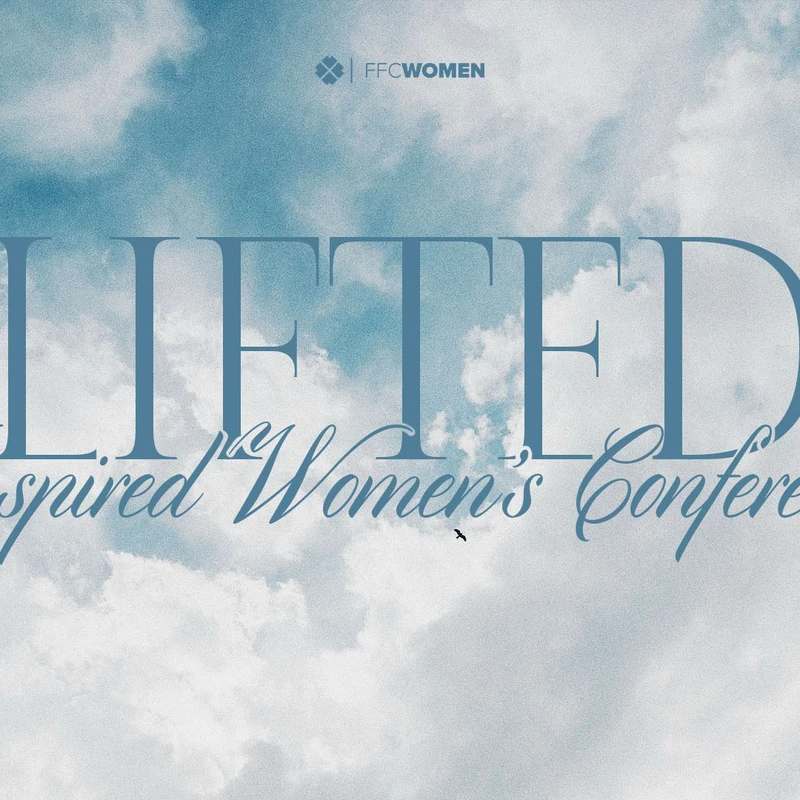 Promotional graphic for the "Lifted Inspired Women's Conference" with blue text over a serene background of a blue sky and white clouds.